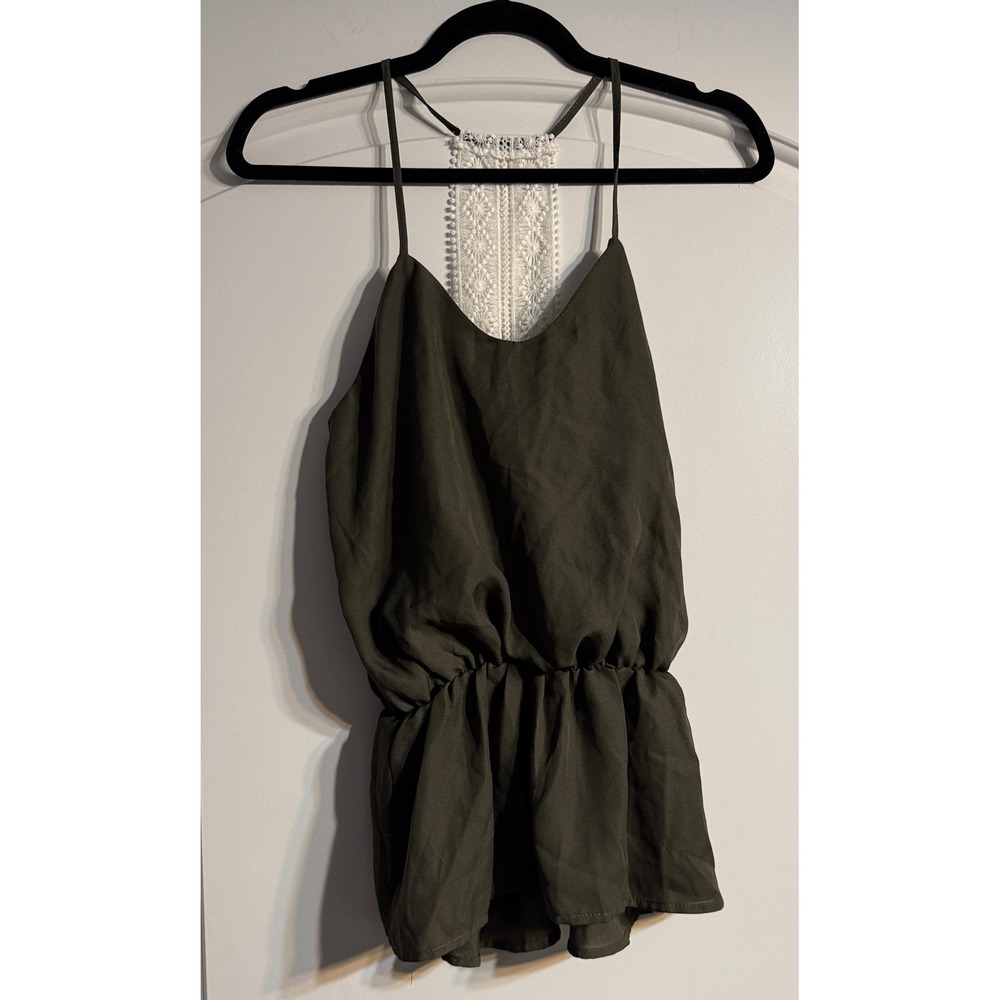 New Look Cinch Waist Camisole Top Womens Small Olive‎ Green Lace Back